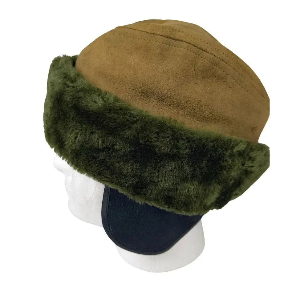 Vintage U.S. Military Cold Weather Cap Hat Faux Fur Trim Olive Brown Size Large